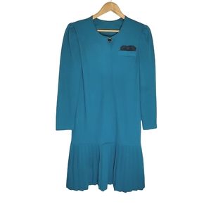 Turquoise 80s Long Sleeve Dress with Drop Bottom Pleats and Lace Handkerchief